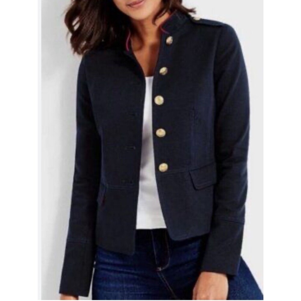 Talbots military navy structured jacket blazer maroon trim gold buttons women 14
